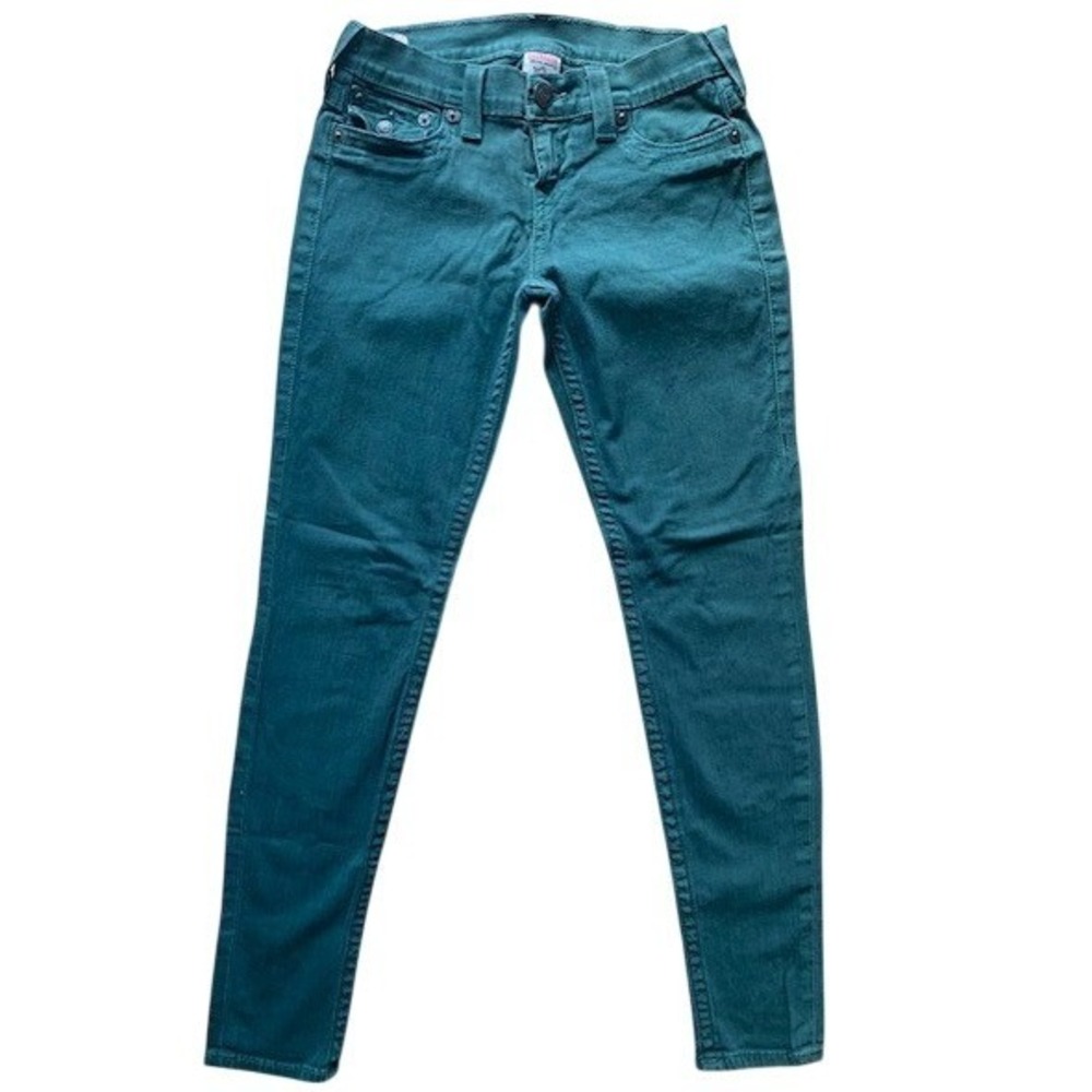 Y2K True Religion Women Teal Green Skinny Jeans Low Rise Flap Pocket Size 28